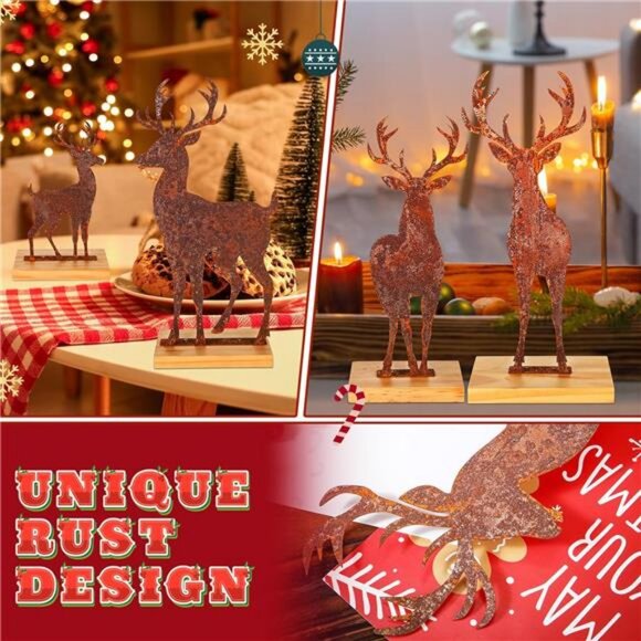 4 Pcs Rusty Metal Christmas Elk Tabletop Decor Big Vintage...